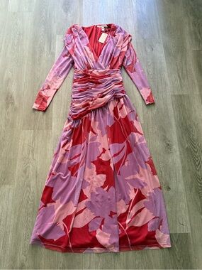 hutch tyra red purple & pink floral mesh ruched long sleeve maxi dress small NEW